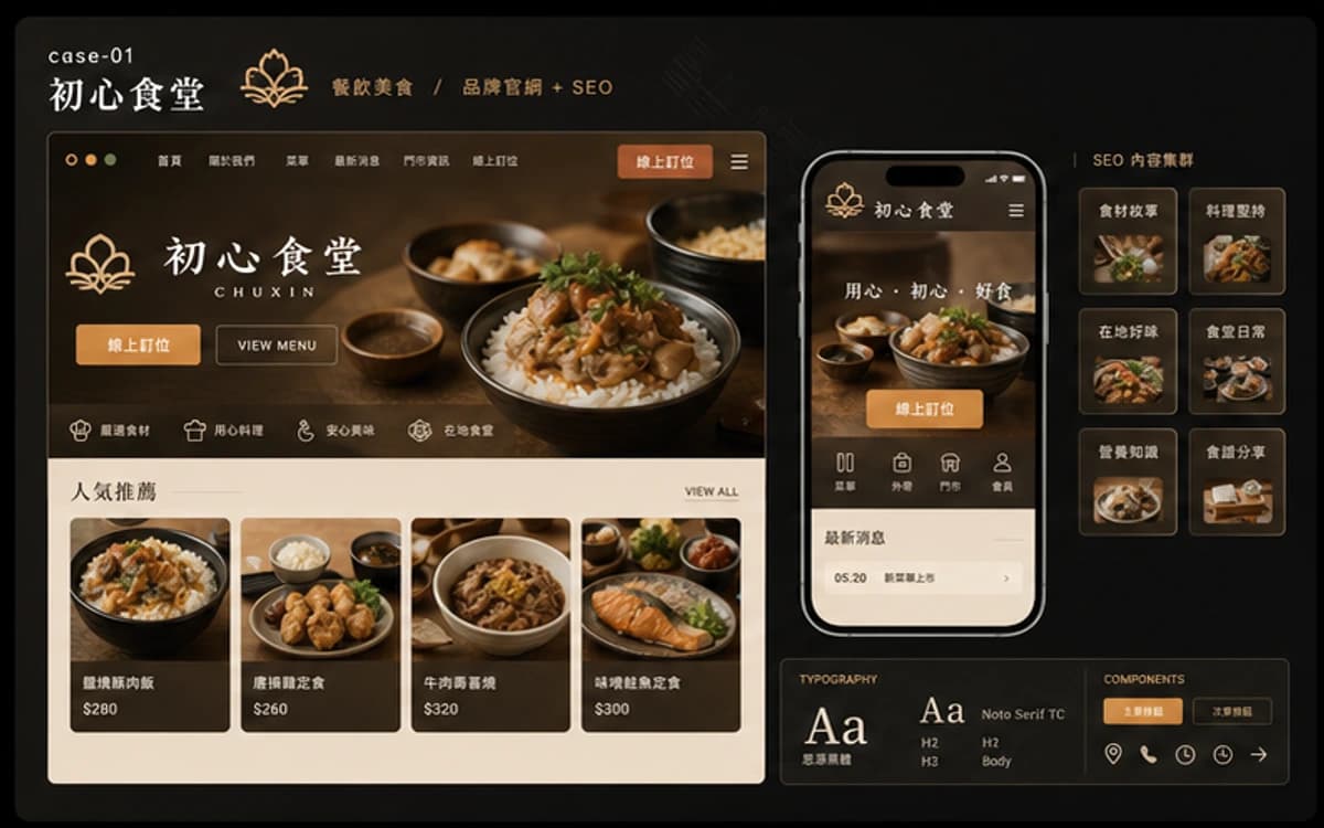 初心食堂 品牌官網 + SEO 示意圖